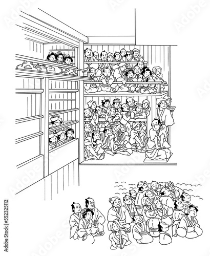 歌舞伎,小屋,羅漢台の客-線画