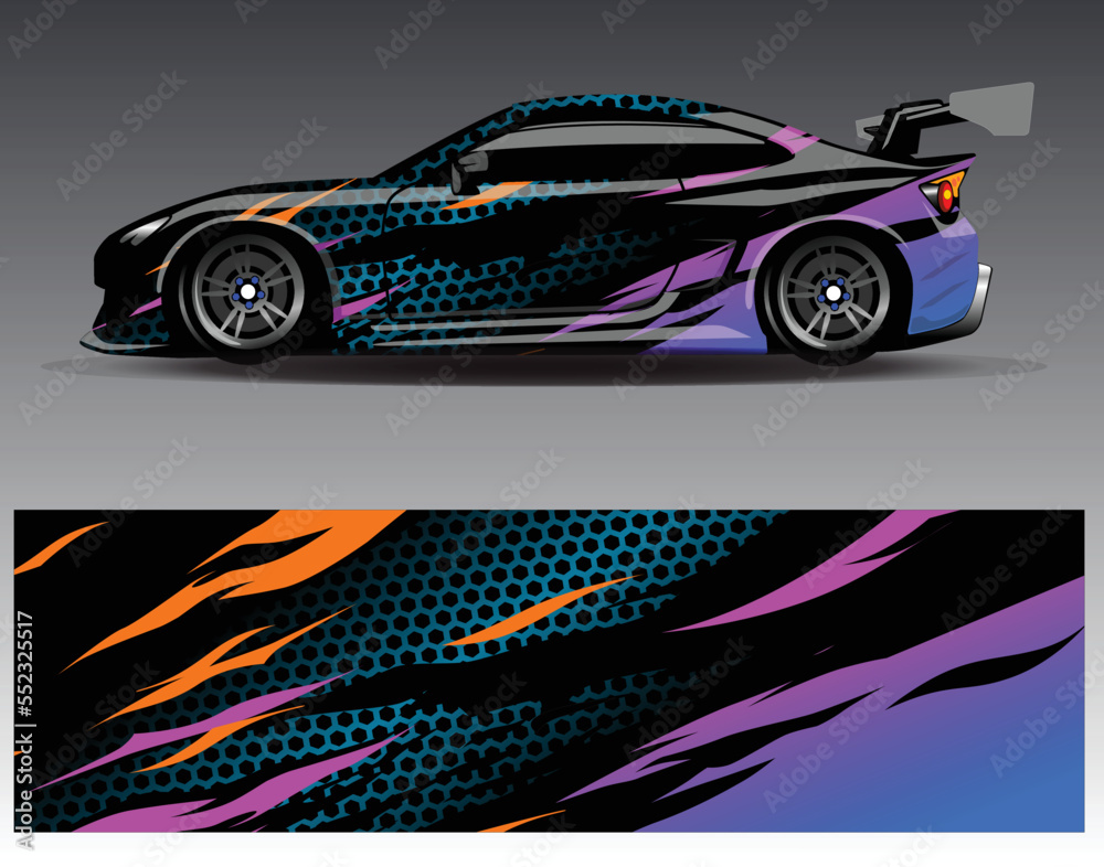 Naklejka premium Car wrap design vector. Graphic abstract stripe racing background kit designs for wrap vehicle race car rally adventure and livery