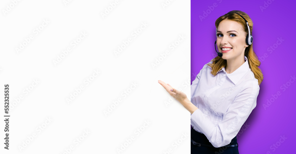 Call Center Service. Customer support or sales agent. Businesswoman or caller or receptionist phone operator showing banner with copy space. Helping, answering, consulting. Violet purple background. Call Center Service. Customer support or sales agent. Businesswoman or caller or receptionist phone operator showing banner with copy space. Helping, answering, consulting. Violet purple background.