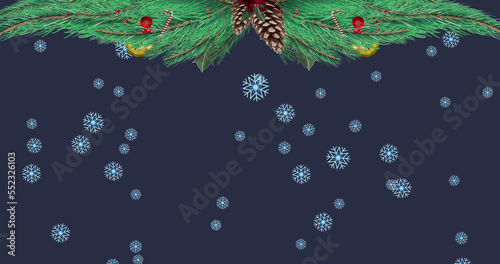 Image of fir tree branches over snow falling on dark background