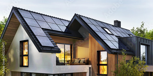 Fototapeta Solar panels on the roof of a beautiful modern home