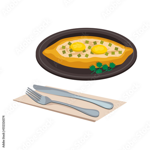Georgian national food. Adjara khachapuri. Bread cake in the form of a boat, with a filling of suluguni cheese, butter and egg yolk. Vector graphic.	