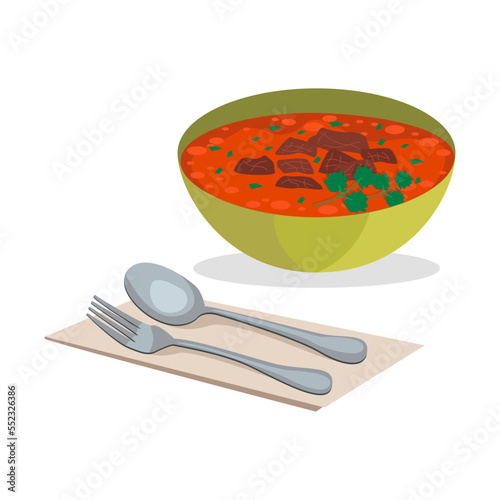 Georgian national food. Kharcho. Soup of beef, rice, nuts and tkemali. Vector graphic.	
