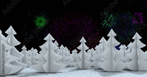 Image of colourful christmas and new year fireworks over white tree shapes in night sky