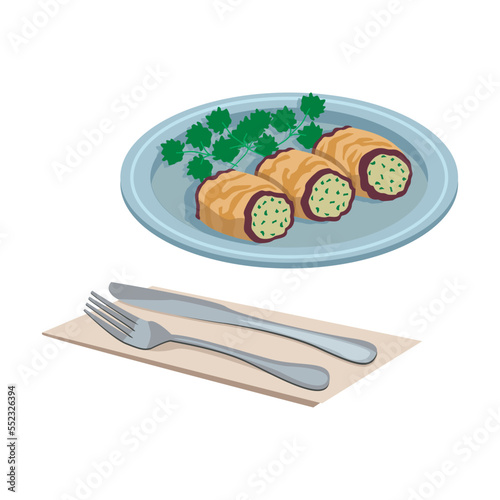 Georgian national food. Badridjani. Appetizer of eggplant and nuts. Rolls. Vector graphic.	