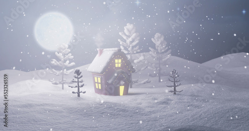Image of christmas cottage and trees in snow covered landscape with full moon and falling snow