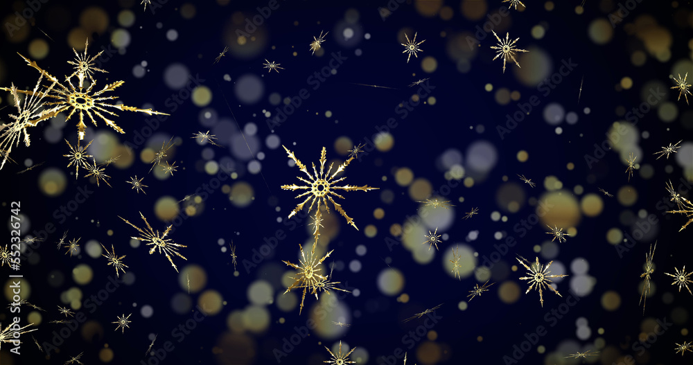 Image of snow falling and light spots on blue background Image of snow falling and light spots on blue background