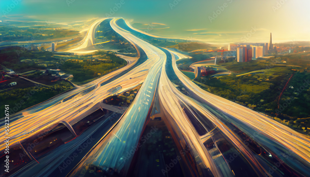 Abstract futuristic city with ultra speed highways, generative ai illustration