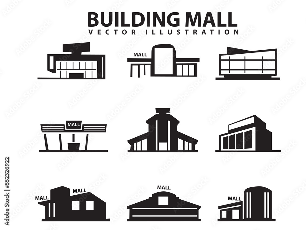 vector set of building mall Silhouettes diferent style on white background