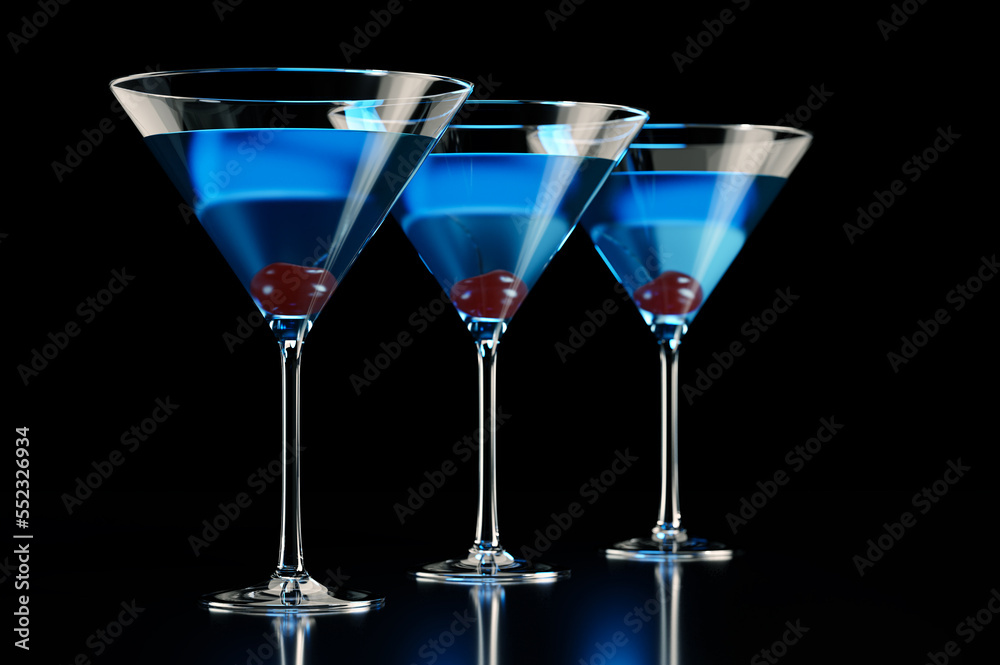 Three blue cocktails with cherry on black background Three blue cocktails with cherry on black background