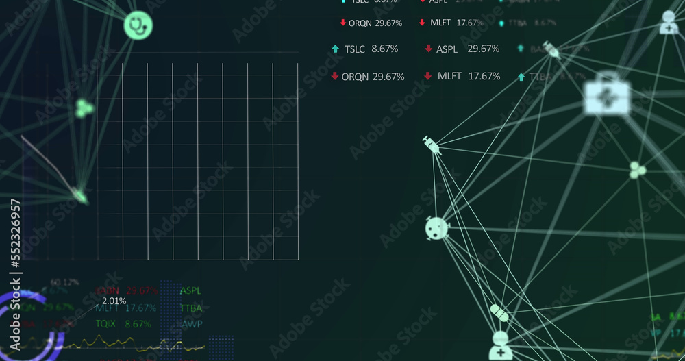 Fototapeta premium Globe of medical icons spinning against stock market data processing against black background