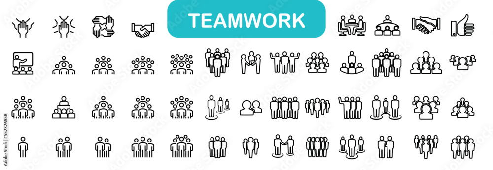 Business teamwork, team building, work group and human resources minimal thin line web icon set. Outline icons collection. Simple vector illustration. Lines with editable stroke
