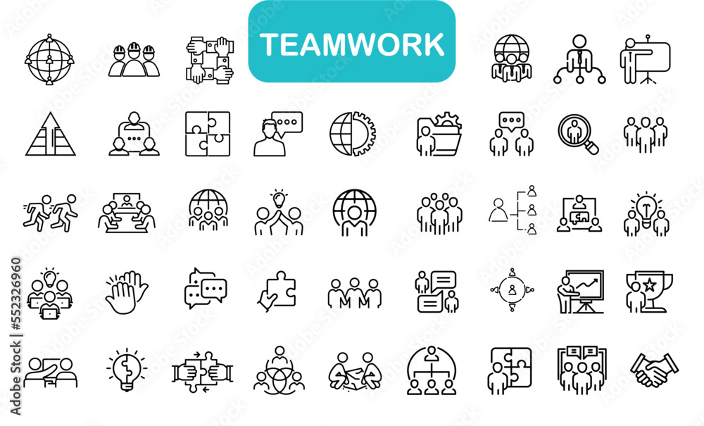 Business teamwork, team building, work group and human resources minimal thin line web icon set. Outline icons collection. Simple vector illustration. Lines with editable stroke