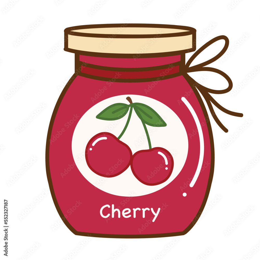 Jar of cherry jam. Hand drawn flat fruits cartoon vector illustration isolated on white background. Jar of cherry jam. Hand drawn flat fruits cartoon vector illustration isolated on white background.
