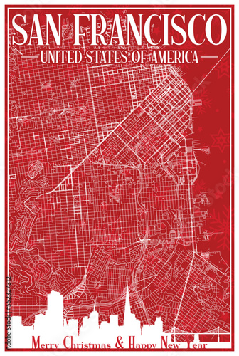 Red vintage hand-drawn Christmas postcard of the downtown SAN FRANCISCO, UNITED STATES OF AMERICA with highlighted city skyline and lettering