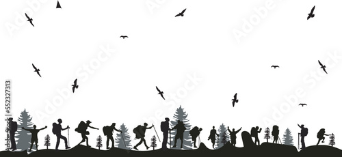vector set of Hiker diferent style Silhouettes on white background 