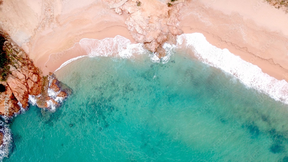 aerial view of a bay with a sandy beach and crystal clear turquoise water, vacation, summer vacation, tourism, Costa Brava, Spain, Mediterranean, Europe