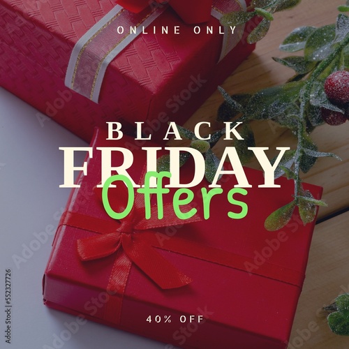 Composition of online only black friday offers 40 percent off text over presents