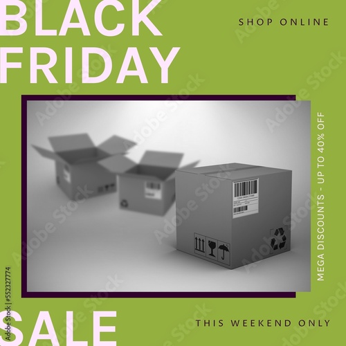Composition of black friday sale text over boxes on green background