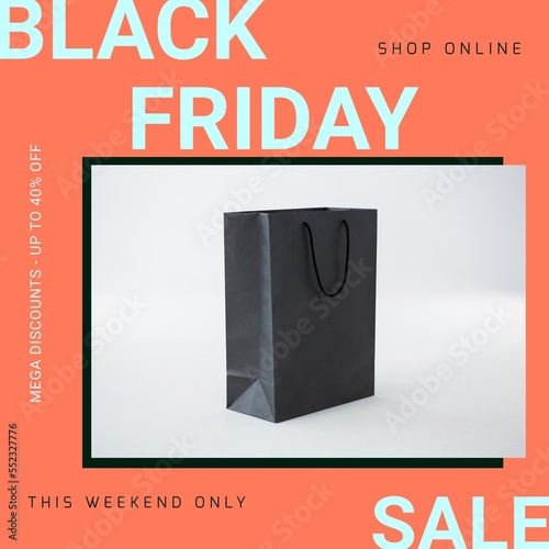 Composition of black friday sale text over bag on orange background