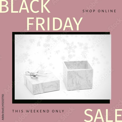 Composition of black friday sale text over present on pink background