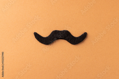 Composition of fake black moustache on orange background with copy space