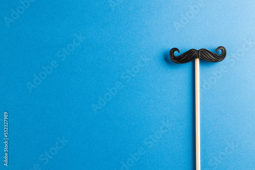 Composition of fake moustache on stick on blue background with copy space