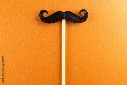 Composition of fake moustache on stick on orange background with copy space