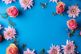 Composition of roses on blue background