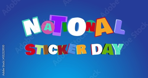 Vector image of colorful national sticker day text on blue background, copy space