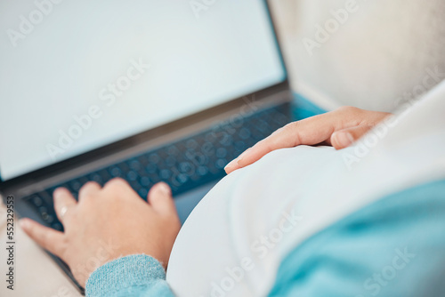 Laptop, hand on stomach or pregnant woman zoom for streaming movies, film or video relax in home sofa. Internet, pregnancy or mother sitting while website search, research or digital social media app