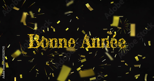 Image of bonne annee text in yellow with new year fireworks and gold confetti in night sky photo