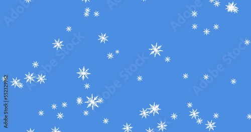 Image of snow falling over blue background
