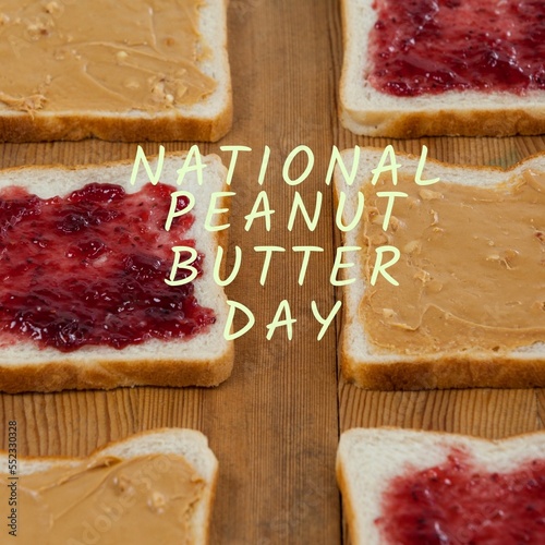 National peanut butter day text banner against bread with peanut butter and jam