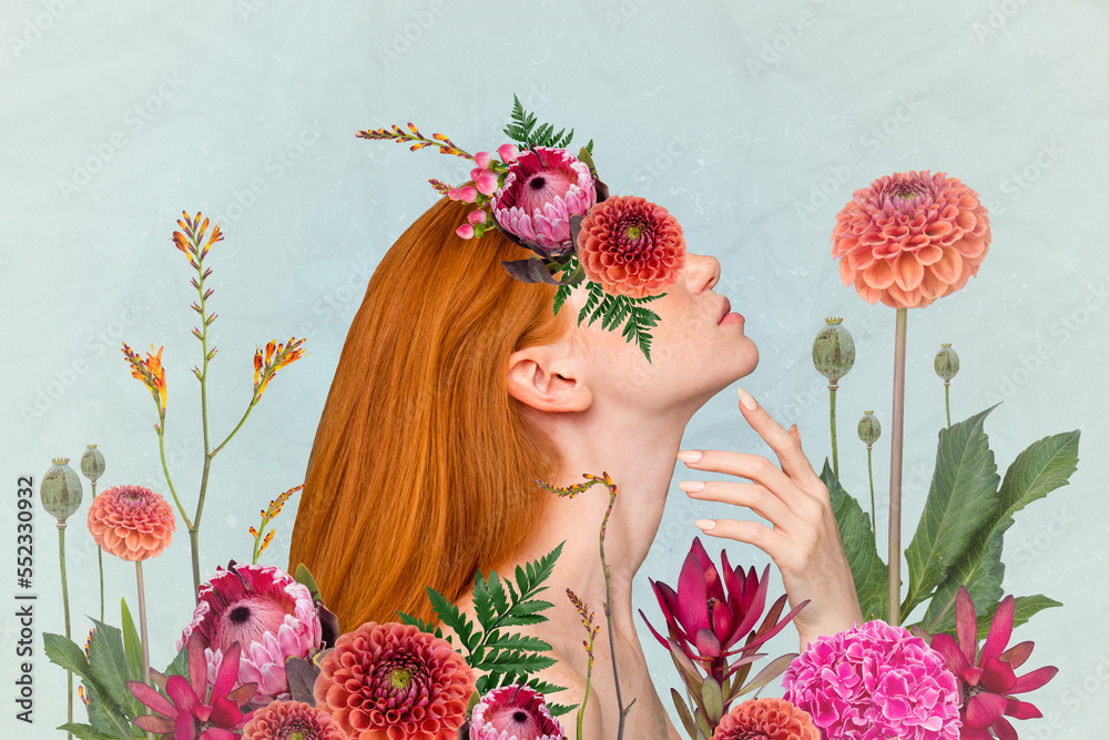 Naklejka premium Exclusive magazine picture sketch collage image of adorable lady flowers cover face isolated painting background