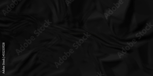 Dark Black facbric paper backdrop crumpled texture. dark black textured crumpled black paper background. panorama black paper texture background, crumpled pattern.