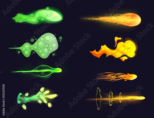 Vfx gun effect. Raygun futuristic alien weapon boom. Game or comic book colorful energy phasers lightnings. Laser gun beam. Cartoon futuristic shot effect. Space astronaut blaster attacks set.