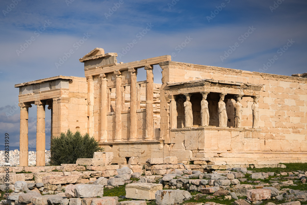 Acropolis Hill. Wide angle view of this iconic landmark from Athens, Greece, the Acropole old fortress during a sunny day.