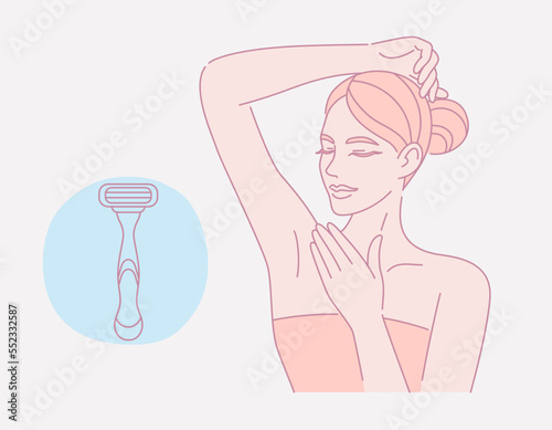 Female smooth armpit. Hair removal. Laser and wax epilation. Linear logo minimalist style. Beauty body care concept. Vector design illustration.
