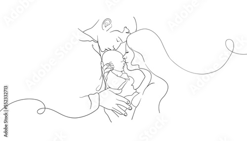 Continuous one line drawing of a family with newborn on white background. Baby background vector illustration. Motherhood template design. Happy family outline