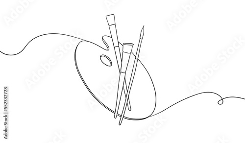 Continuous one line drawing of a art materials. Artsy brushes and painting palette one line drawing vector illustration isolated on white background