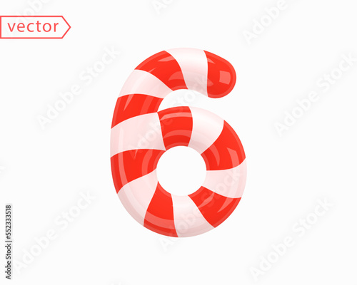 Number 6. Number Six sign white intertwined with red ribbon. 3d Numeral as Candy Cane in cartoon style. Realistic glossy object isolated on white background. 3D symbol icon vector illustration