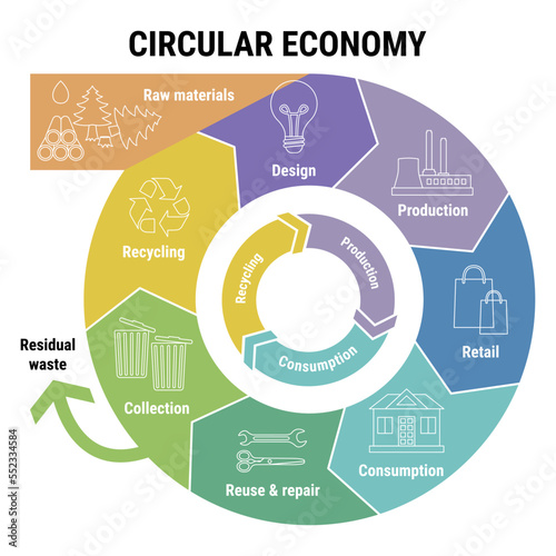 Circular economy line infographic on colorful diagram. Sustainable business model. Scheme of product life cycle from raw material to production, using, recycling. Flat line vector illustration