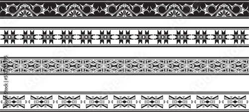 Vector set of seamless monochrome national native american ornaments. Endless ethnic black borders, frames of the peoples of America, Aztec, Maya, Incas. For sandblasting, plotter and laser cutting..