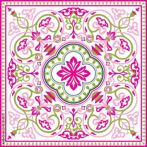 Vector colored pink square byzantine ornament. Tiles of ancient Greece and the Eastern Roman Empire. Decoration of the Russian Orthodox Church..