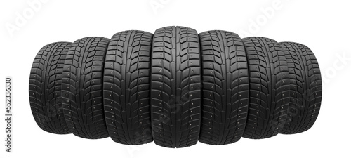 Winter tires Car tires in row isolated background. The snow as panorama car safety concept 3d rendering.