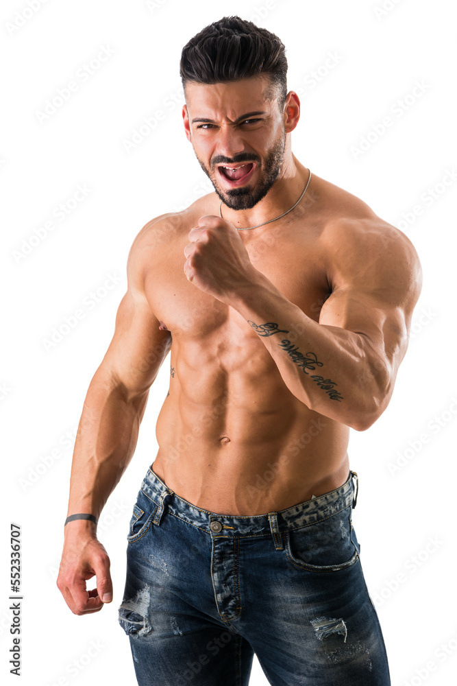 Successful sexy muscular shirtless man with fist raised Successful sexy muscular shirtless man with fist raised