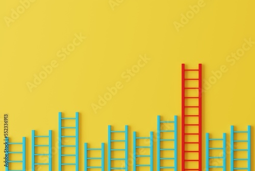 Ladders against the wall and one of a different color reaching higher. Business concept  leader. Leadership and achieving goals before others. 3D render  3D illustration.