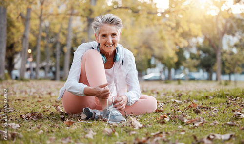Obraz na płótnie Fitness, shoes and old woman in park for workout, cardio training or morning running