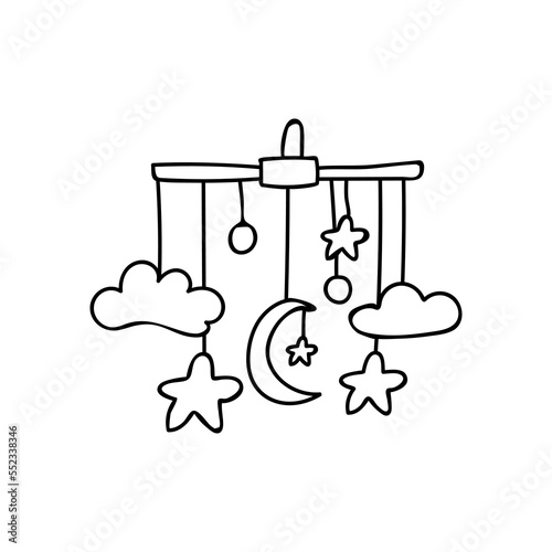 Baby crib hanging toy doodle icon in vector. Baby crib hanging toy hand drawn illustration in vector.